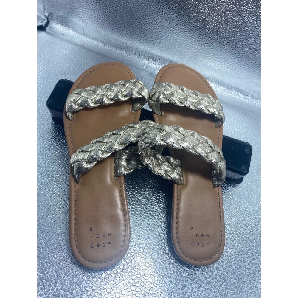 A New Day Womens Braided Slide Sandals Metallic Gold Slip On Flat Shoes Size 7